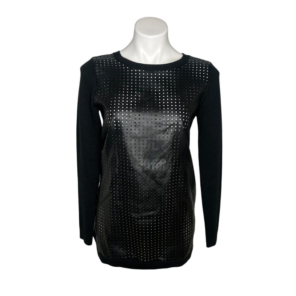 HALOGEN Oversized XS Black Faux Leather Front Knit Tunic Top Cutouts Womens‎